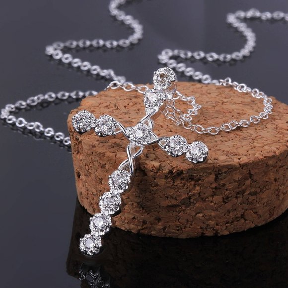 NEW S925 Sterling Silver Diamond Cross Necklace - Picture 2 of 9